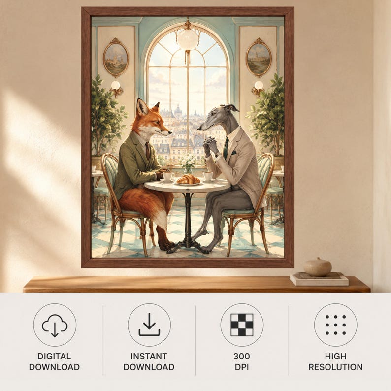 Fox and Greyhound Business Lunch Art, French Cafe Decor (Digital Download) image 10