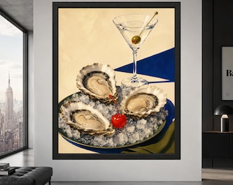 Ostronväggkonst, Martini-affisch, retro skaldjurstryck, kustnära köksdekor, digital nedladdning