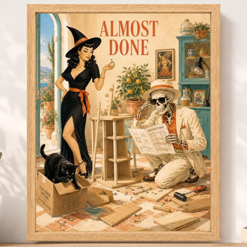 May include: A framed art print titled ALMOST DONE featuring a witch in a black dress and hat holding a screw, a skeleton in a beige suit and hat reading instructions, and a black cat in a cardboard box surrounded by furniture assembly parts.