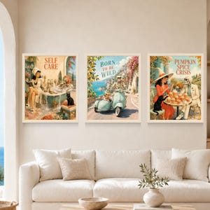 May include: Three rectangular wall art prints featuring vintage-style illustrations. The left print shows a person and a skeleton in a bathtub with the text SELF CARE. The center print shows a skeleton on a scooter with a dog, text BORN TO BE WILD. The right print shows a person and a skeleton with drinks, text PUMPKIN SPICE CRISIS.
