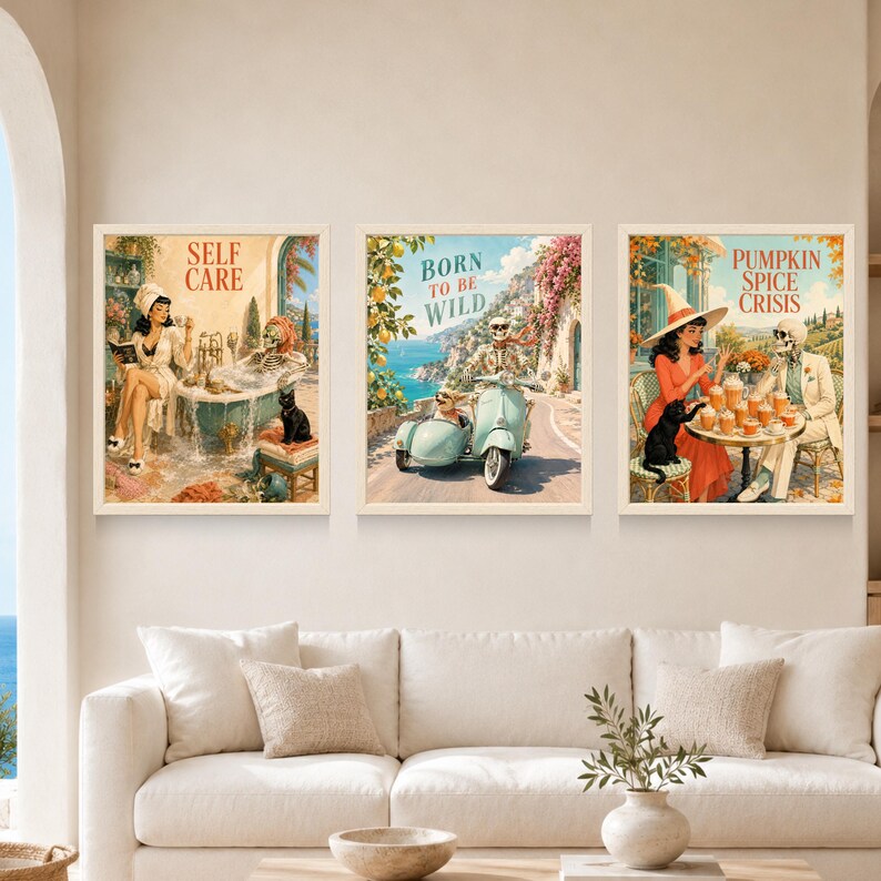 May include: Three rectangular wall art prints featuring vintage-style illustrations. The left print shows a person and a skeleton in a bathtub with the text SELF CARE. The center print shows a skeleton on a scooter with a dog, text BORN TO BE WILD. The right print shows a person and a skeleton with drinks, text PUMPKIN SPICE CRISIS.