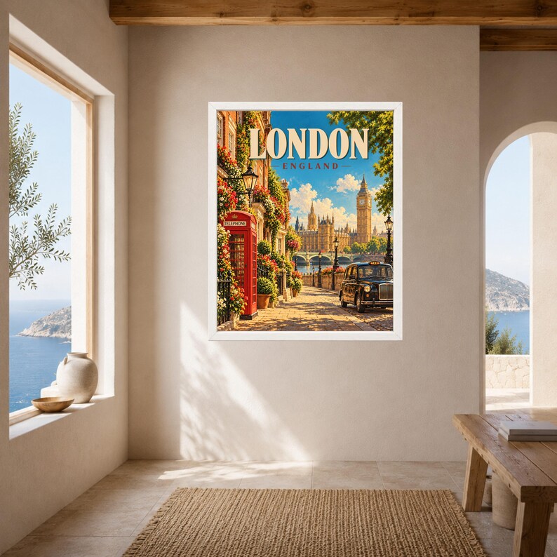 May include: A framed wall art print featuring a vibrant London street scene with a red telephone box, a black taxi, and the Big Ben clock tower in the background. The text LONDON ENGLAND is printed in large, bold, cream-colored letters at the top.