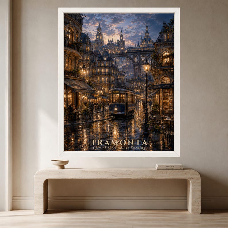 Puede incluir: Una impresi&oacute;n art&iacute;stica enmarcada que representa una calle de estilo europeo al atardecer con un tranv&iacute;a antiguo sobre adoquines mojados, iluminada por farolas y ventanas c&aacute;lidas. El texto TRAMONTA City of the Endless Evening aparece en la parte inferior.
