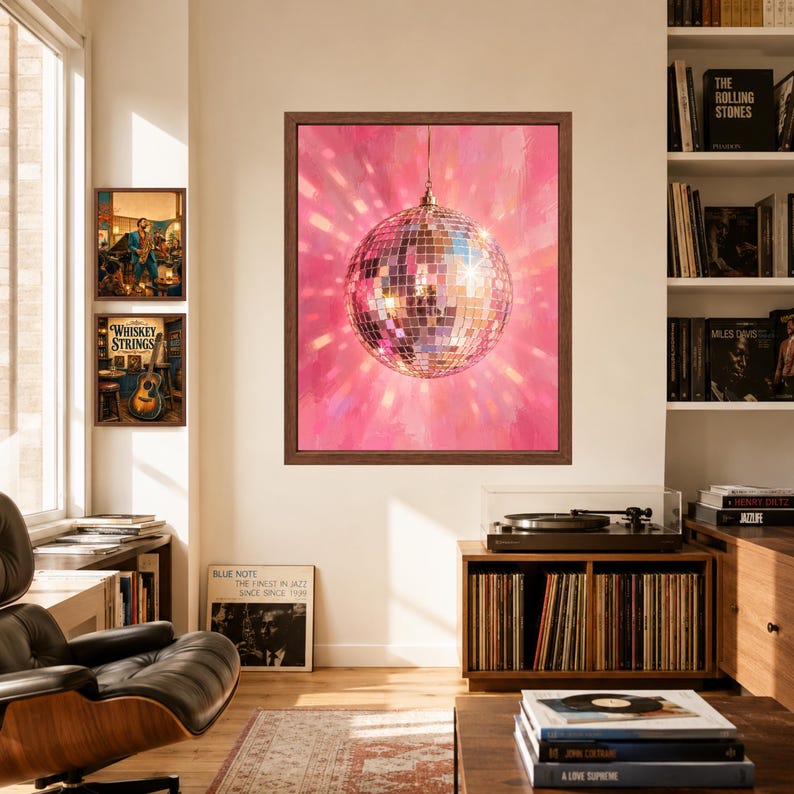Pink Disco Ball Wall Art, Mirror Ball Poster, Retro Music Room Decor, Digital Download image 6