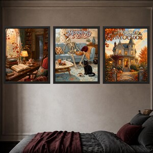 May include: Three framed wall art prints displayed above a bed. The left print shows a cozy library with an open book. The center print features a skeleton on a blue sofa with the text The Morning After. The right print depicts a house with the text The House at Five O'Clock.