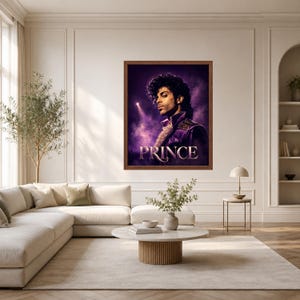 May include: A rectangular framed wall art print featuring a portrait of the musician Prince. The image shows a side profile of the artist in a purple jacket against a dark, smoky purple background with a spotlight. The word PRINCE is printed.