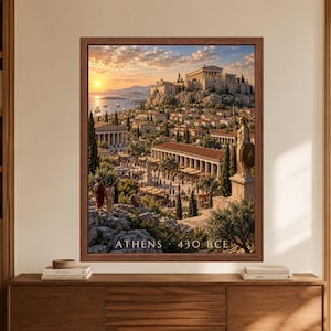 Framed Athens 430 BCE wall art showing a reconstructed ancient Greek city with the Acropolis and Parthenon above crowded markets, classical temples, olive trees, statues and ships under warm sunset light.