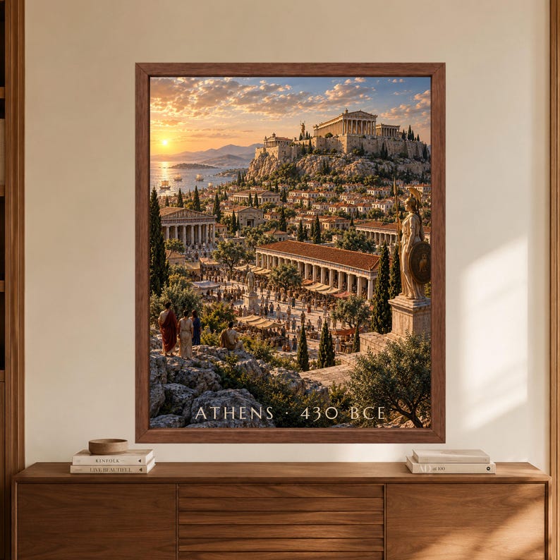 Framed Athens 430 BCE wall art showing a reconstructed ancient Greek city with the Acropolis and Parthenon above crowded markets, classical temples, olive trees, statues and ships under warm sunset light.