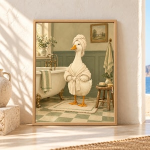 Framed funny duck bathroom wall art showing a white duck wearing a fluffy bathrobe and towel turban in a sage green vintage bathroom with a clawfoot tub and checkerboard floor.