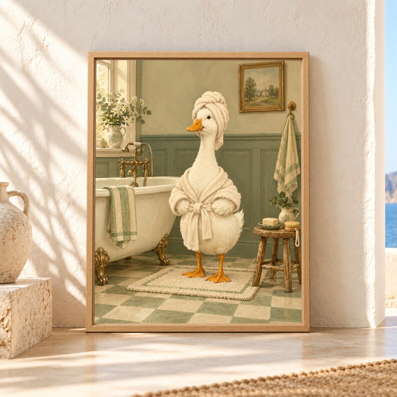 Framed funny duck bathroom wall art showing a white duck wearing a fluffy bathrobe and towel turban in a sage green vintage bathroom with a clawfoot tub and checkerboard floor.