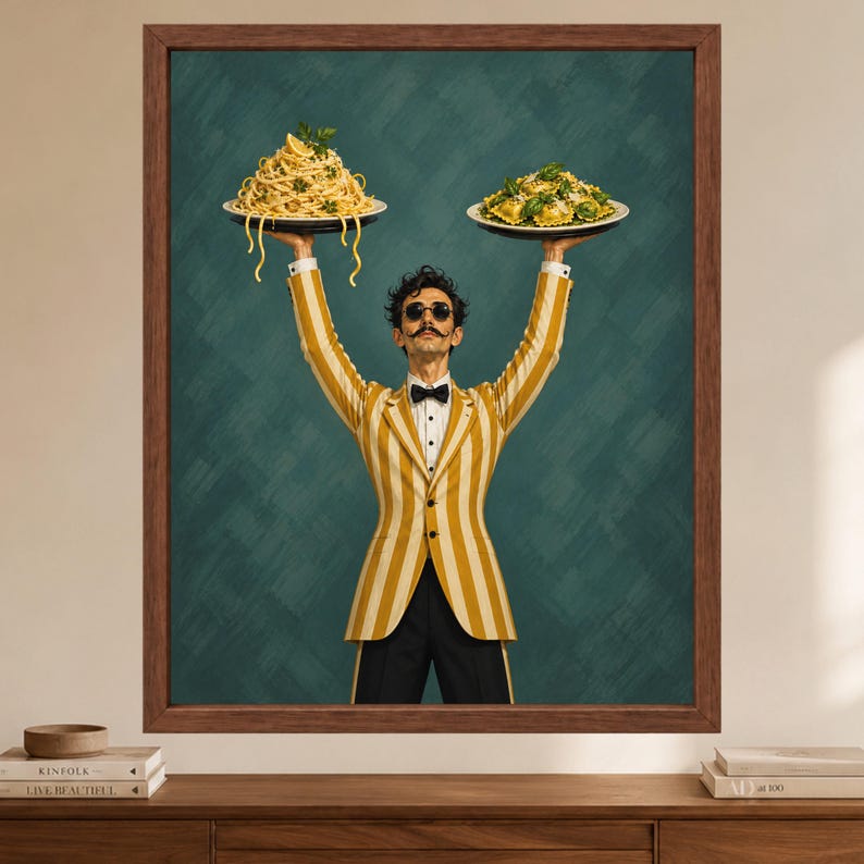 Italian Waiter Pasta Print, Spaghetti Ravioli Poster, Kitchen Decor (Digital Download) image 2
