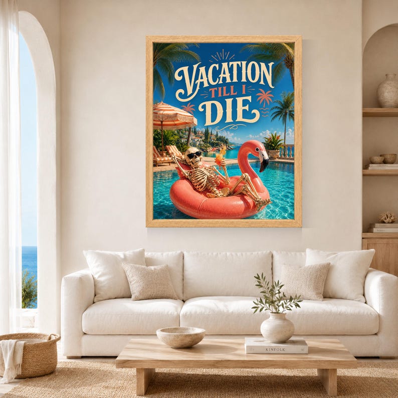 Funny Skeleton Flamingo Pool Poster, Tropical Summer Decor (Digital Download) image 3