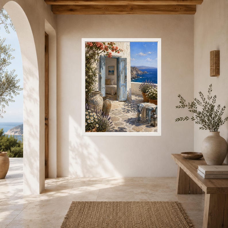 K&ouml;nnte beinhalten: Ein gerahmter Wandkunstdruck, der eine mediterrane K&uuml;stenszene mit einer offenen blauen T&uuml;r, einer Steinterrasse, Terrakottat&ouml;pfen, bl&uuml;henden Blumen und einem Blick auf das tiefblaue Meer unter klarem Himmel an einer beigen Wand zeigt.