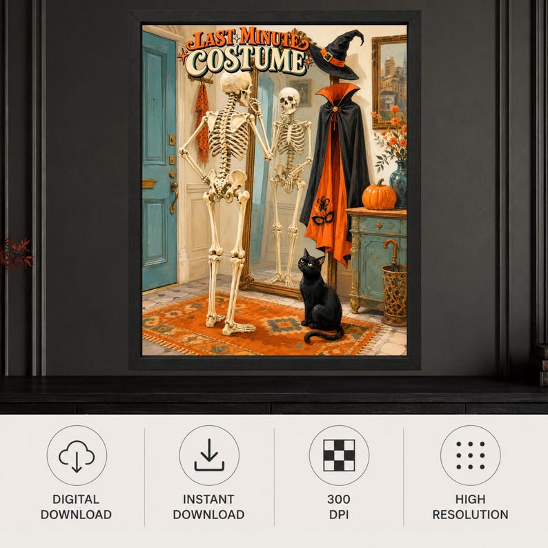 May include: A framed wall art print titled LAST MINUTE COSTUME featuring a skeleton standing before a mirror, a black cat sitting on an orange rug, a witch hat, a black and orange cape, and a pumpkin on a wooden cabinet in a room.