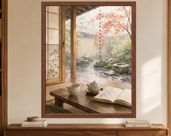 Japanese Tea Room Print, Rainy Zen Garden, Japandi Wabi Sabi Decor (Digital Download)