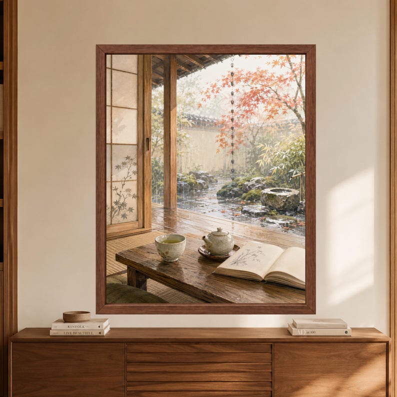 Framed Japanese tea room wall art showing a ceramic teapot, green tea bowl and open book beside an open shoji doorway overlooking a rainy Zen garden with red maple leaves and mossy stones.