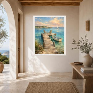 May include: A framed wall art print depicting a coastal scene with a wooden pier extending into turquoise water. Two chairs sit on the dock next to a small white rowboat. In the distance, a sailboat floats on the horizon under a soft, cloudy sky.