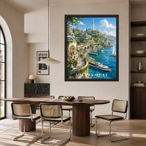 May include: A framed wall art print titled SOLARA QUAY featuring a coastal Mediterranean-style city with white buildings, arched walkways, and lush greenery overlooking a bright blue harbor with a sailboat and a docked boat under a clear sky.