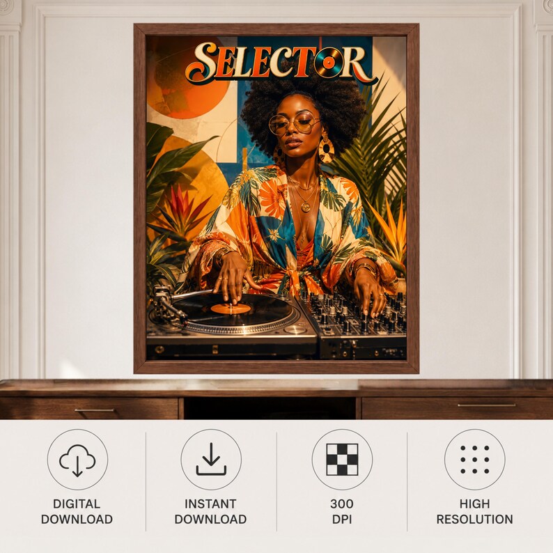 Puede incluir: Una impresi&oacute;n art&iacute;stica enmarcada que muestra a una persona con cabello oscuro rizado y gafas redondas, vistiendo una bata floral colorida, operando un tocadiscos de DJ y una mesa de mezclas. La palabra SELECTOR aparece en la parte superior.