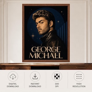Puede incluir: Un p&oacute;ster de retrato enmarcado de George Michael que muestra al artista con una chaqueta de cuero negra sobre un fondo circular azul oscuro con peque&ntilde;as estrellas. El nombre GEORGE MICHAEL est&aacute; impreso en letras may&uacute;sculas doradas en la parte inferior.