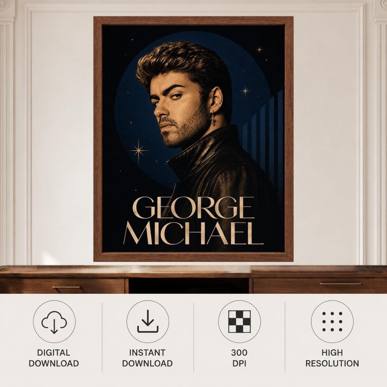 Puede incluir: Un p&oacute;ster de retrato enmarcado de George Michael que muestra al artista con una chaqueta de cuero negra sobre un fondo circular azul oscuro con peque&ntilde;as estrellas. El nombre GEORGE MICHAEL est&aacute; impreso en letras may&uacute;sculas doradas en la parte inferior.
