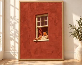 Woman Reading Window Print, Terracotta Wall Art, Book Lover Decor (Digital Download)