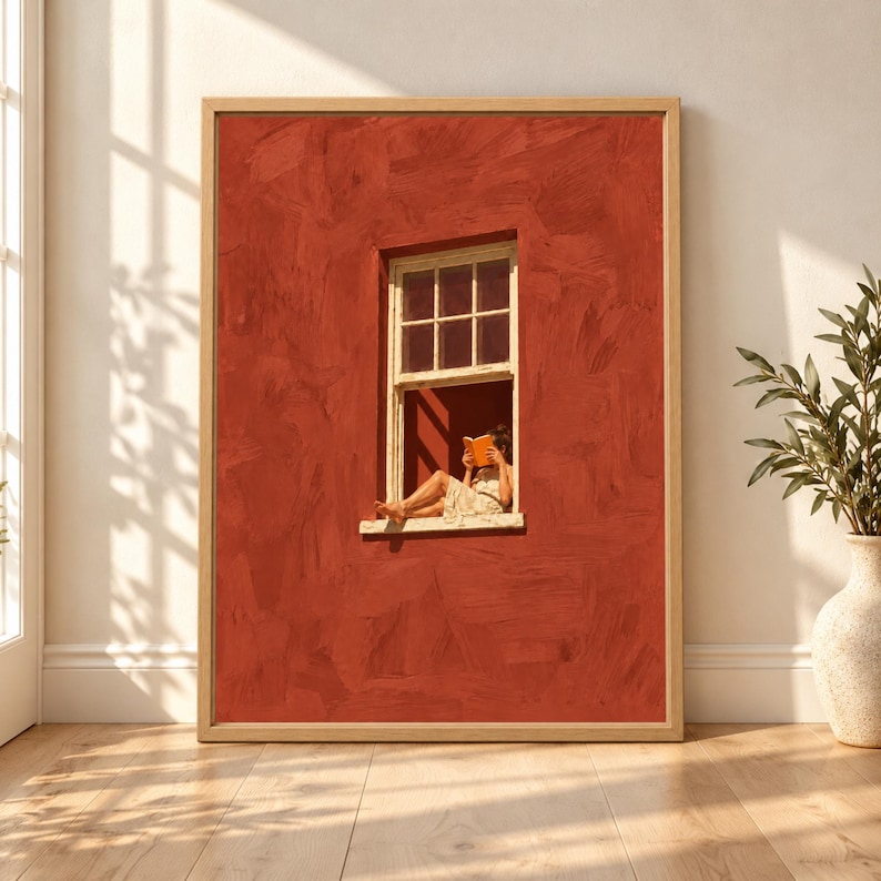 Framed terracotta wall art showing a barefoot woman sitting in a small open window reading an orange book against a large textured rust red facade.