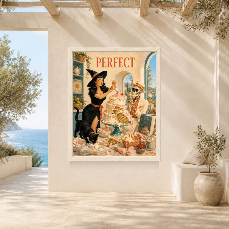 May include: A rectangular wall art print titled PERFECT featuring a vintage-style illustration of a person in a witch hat decorating a multi-tiered cake alongside a skeleton in a suit and hat, with a black cat nearby in a kitchen setting.