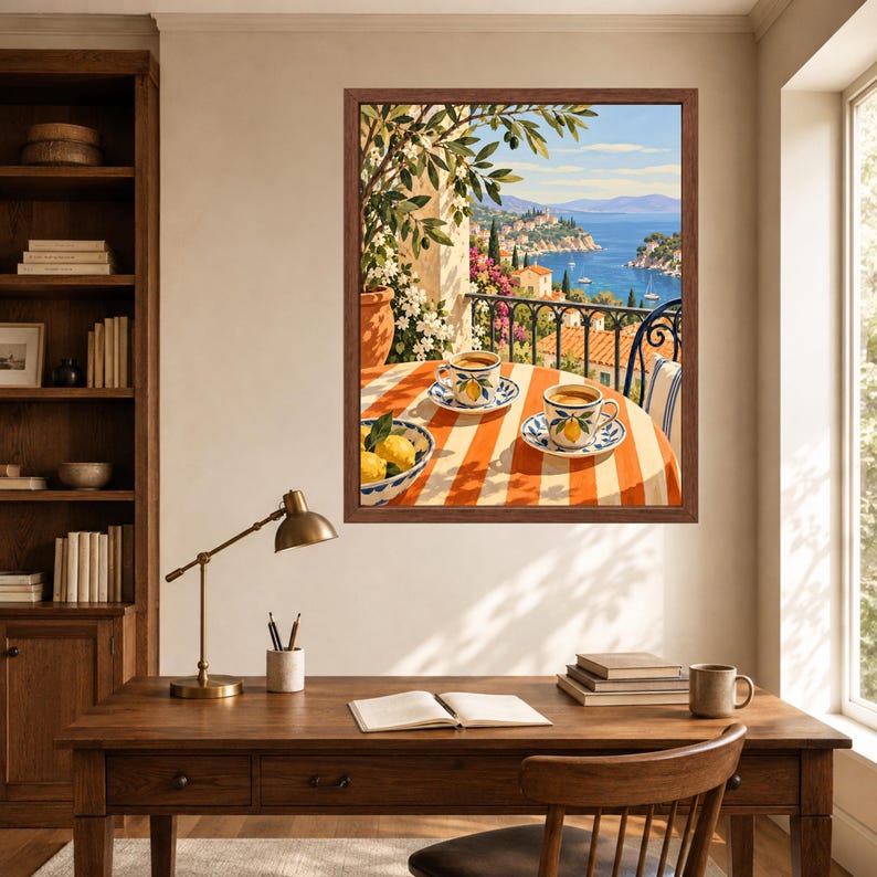 Mediterranean Coffee Print, Italian Coastal Cafe Art, Lemon Espresso Poster (Digital Download) image 6