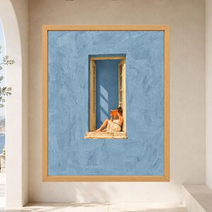 Woman Reading in Window Print, Mediterranean Blue Wall Art (Digital Download) image 8
