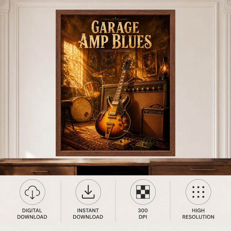 Vintage affisch för bluesgitarrförstärkare, konst för garagerepetitionsrum (digital nedladdning) bild 10