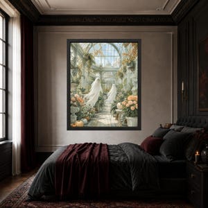 May include: A framed wall art print depicting a glass conservatory filled with lush greenery, blooming flowers, and pumpkins, featuring two translucent white ghost figures floating along a central stone pathway under a vaulted glass ceiling.