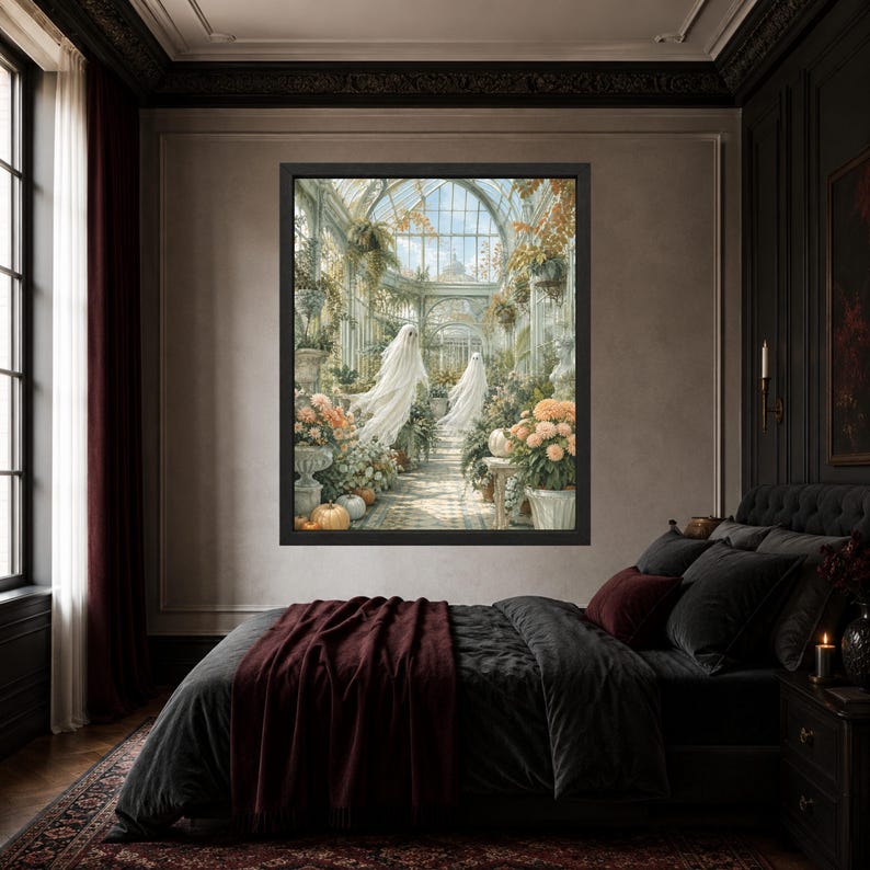 May include: A framed wall art print depicting a glass conservatory filled with lush greenery, blooming flowers, and pumpkins, featuring two translucent white ghost figures floating along a central stone pathway under a vaulted glass ceiling.