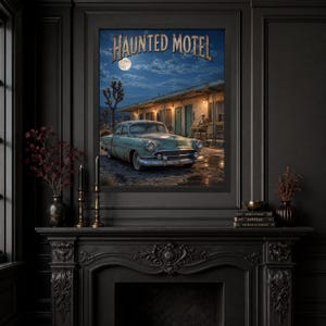 Haunted Motel Halloween Wall Art, Skeleton Roadside Poster, Vintage Horror Decor, Digital Download image 3