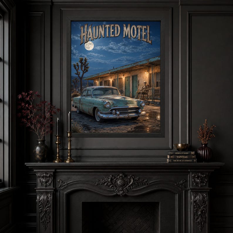 Haunted Motel Halloween Wall Art, Skeleton Roadside Poster, Vintage Horror Decor, Digital Download image 3