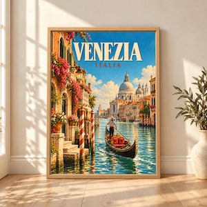 Framed Venezia Italy travel poster showing a gondolier on the Grand Canal with turquoise water, striped mooring poles, pink flowers, historic Venetian buildings and the domes of Santa Maria della Salute.