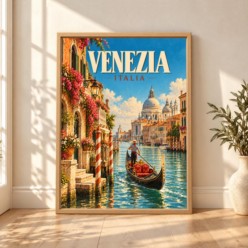 Framed Venezia Italy travel poster showing a gondolier on the Grand Canal with turquoise water, striped mooring poles, pink flowers, historic Venetian buildings and the domes of Santa Maria della Salute.