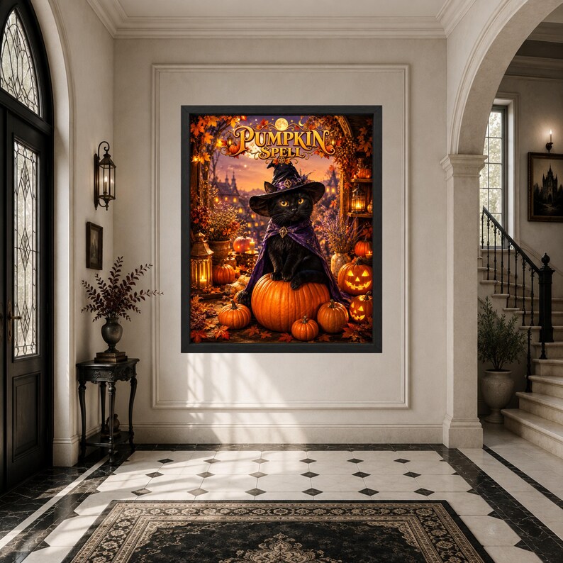 May include: A framed wall art print titled PUMPKIN SPELL featuring a black cat wearing a purple witch hat and cape, sitting atop a large orange pumpkin. The scene includes smaller pumpkins, glowing lanterns, and autumn foliage in a warm, dark setting.