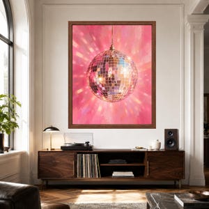 Pink Disco Ball Wall Art, Mirror Ball Poster, Retro Music Room Decor, Digital Download image 3