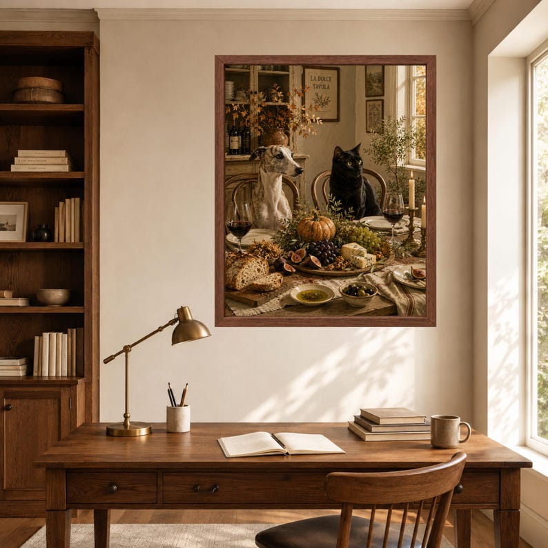 Op de afbeelding: Een ingelijste muurkunstprint met een grijs-witte hond en een zwarte kat aan een eettafel gedekt met een pompoen, druiven, vijgen, brood en wijnglazen. De sc&egrave;ne is vastgelegd in een warme, rustieke binnenomgeving met zachte verlichting.