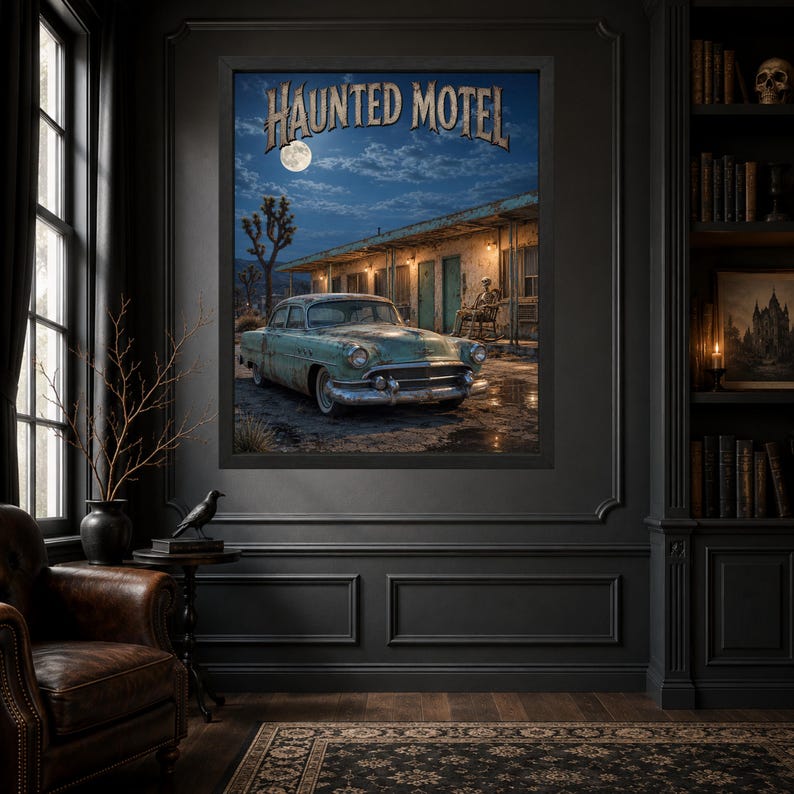 Haunted Motel Halloween Wall Art, Skeleton Roadside Poster, Vintage Horror Decor, Digital Download image 5