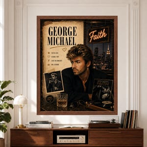 Framed George Michael Faith era wall art featuring an 80s-inspired portrait with black jacket, cross earring, vintage concert photos, vinyl record player, glowing Faith neon sign and nighttime city skyline.