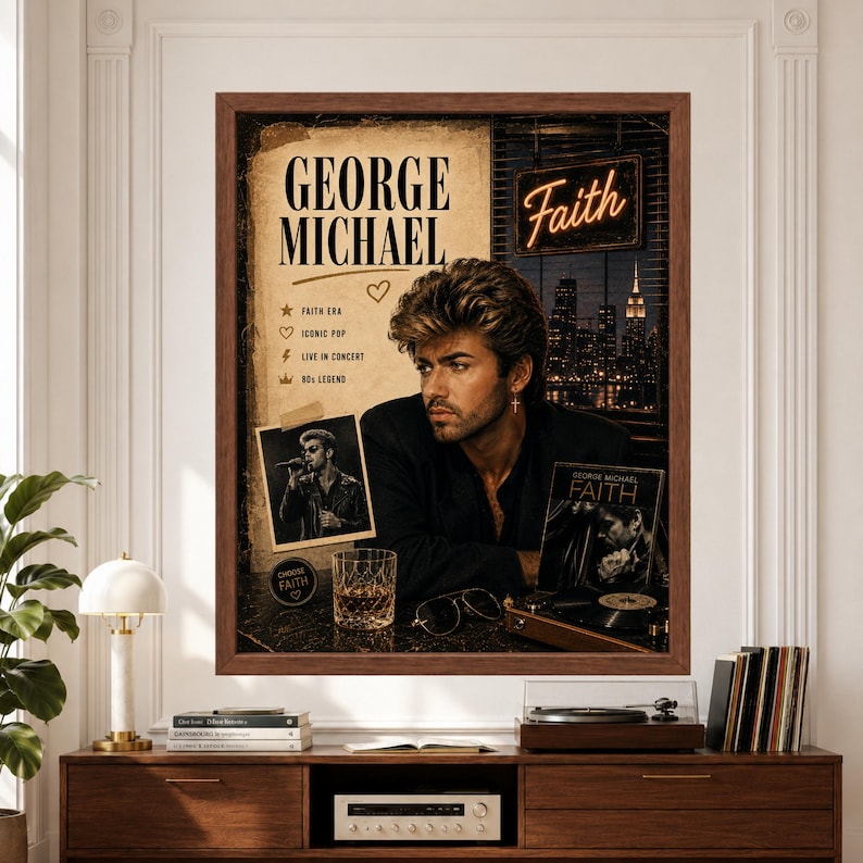 Framed George Michael Faith era wall art featuring an 80s-inspired portrait with black jacket, cross earring, vintage concert photos, vinyl record player, glowing Faith neon sign and nighttime city skyline.