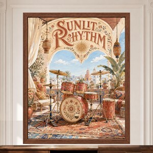 May include: A framed wall art print titled SUNLIT RHYTHM featuring a drum set with floral patterns on the bass drum. The scene depicts a Mediterranean-style terrace with hanging lanterns, potted plants, and a view of a distant coastal town.
