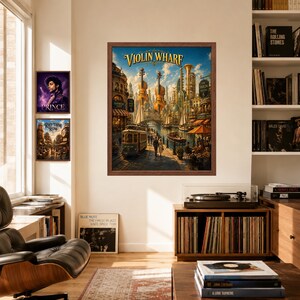 May include: A framed wall art print titled Violin Wharf featuring a fantasy cityscape with giant floating violins, a canal, a streetcar, and people. Two smaller framed prints are displayed to the left, one showing Prince and one titled Rhythm Row.