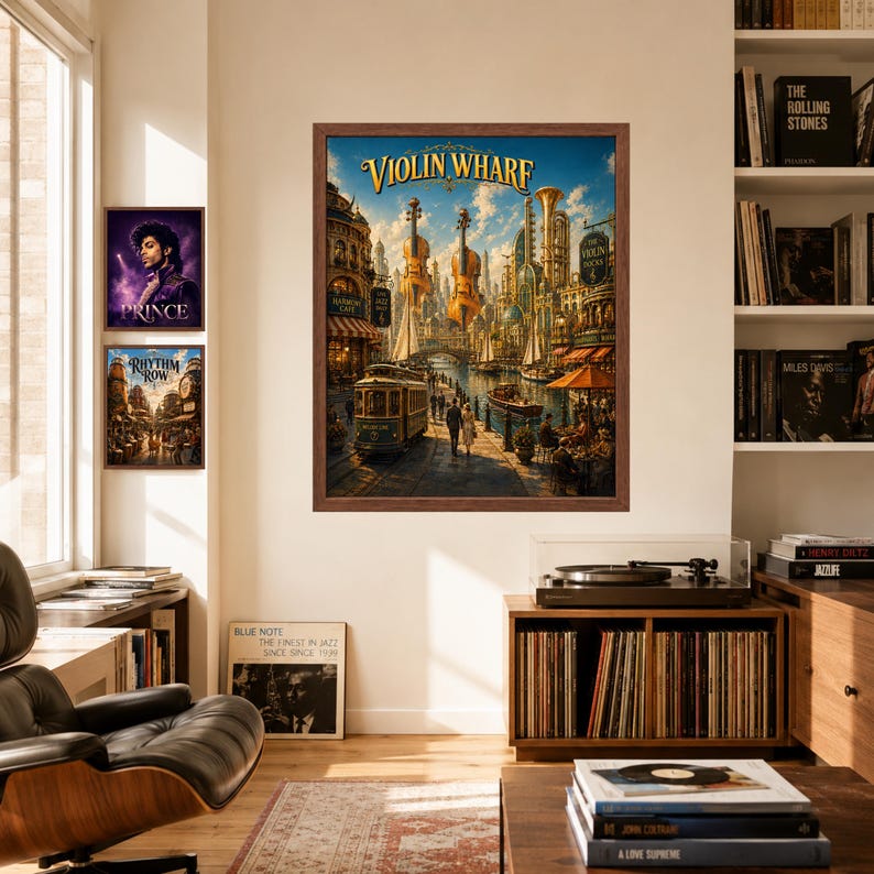 May include: A framed wall art print titled Violin Wharf featuring a fantasy cityscape with giant floating violins, a canal, a streetcar, and people. Two smaller framed prints are displayed to the left, one showing Prince and one titled Rhythm Row.