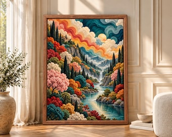 Colorful River Valley Landscape Print, Maximalist Nature Art, Whimsical Botanical Decor (Digital Download)