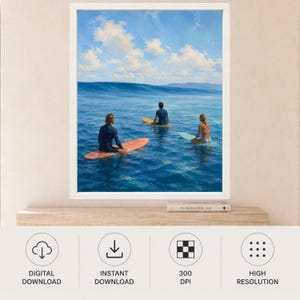 May include: A framed wall art print depicting three individuals on surfboards in the ocean. One person sits on an orange surfboard, another on a yellow board, and the third on a light blue board. The scene features deep blue water and a bright sky.