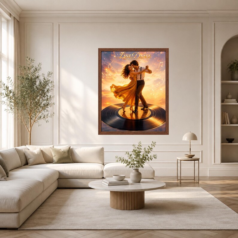 May include: A framed wall art print featuring a couple dancing on a large vinyl record against a sunset sky. The text "Last Dance" is printed in gold at the top. The scene includes warm orange and yellow hues, with musical notes floating in the air.