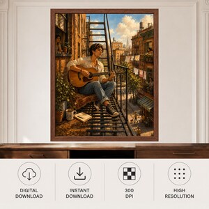 May include: A framed wall art print depicting a person sitting on a metal fire escape, playing an acoustic guitar. The scene features brick apartment buildings, laundry hanging on lines, and a city street below under a bright blue sky.